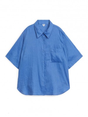 Camasa Arket Scurte-Sleeved Linen Dama Albastri | Romania-CZGF20714