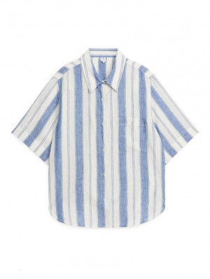 Camasa Arket Scurte-Sleeved Linen Dama Albastri Albi | Romania-AQDM78293