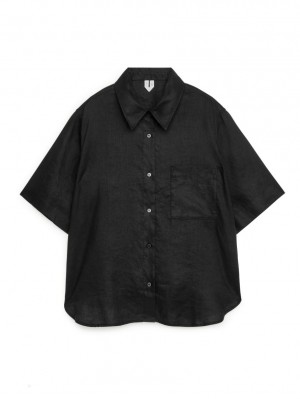 Camasa Arket Scurte-Sleeved Linen Dama Negrii | Romania-ACMR16328