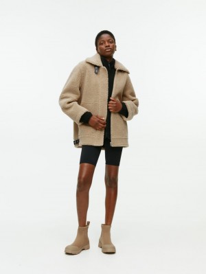Geaca Arket Oversized Piele-Trimmed Pile Dama Bej Inchis | Romania-MWPJ36980
