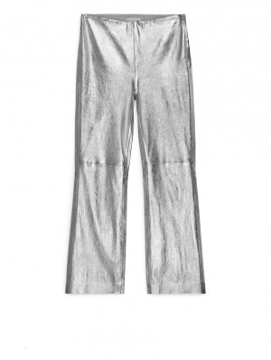 Pantaloni Arket Cropped Stretch Piele Dama Argintii | Romania-HPFZ93876