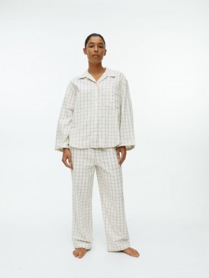 Pantaloni Arket Flannel Pyjama Dama Albi Maro | Romania-IEAM79365