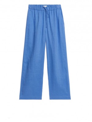 Pantaloni Arket Linen Drawstring Dama Albastri | Romania-KTSU93748