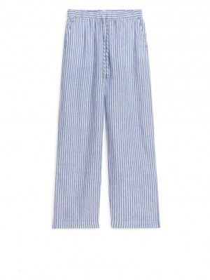 Pantaloni Arket Linen Drawstring Dama Albastri Albi | Romania-VNEA09713