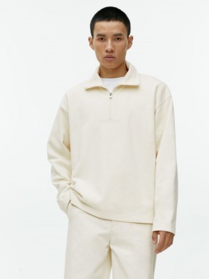 Pulover Arket Half-Zip Bumbac Barbati Albi | Romania-KNBA32169