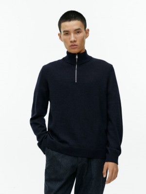 Pulover Arket Half-Zip Lână Barbati Albastri Inchis | Romania-RMEI05624