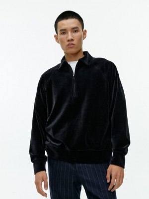 Pulover Arket Half-Zip Velour Barbati Albastri Inchis | Romania-UYJA26734