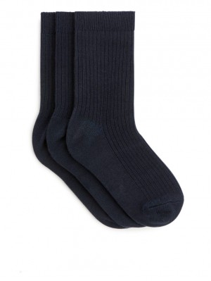 Sosete Arket Rib Knit, 3 Pairs Fete Albastri Inchis | Romania-EWPK96752