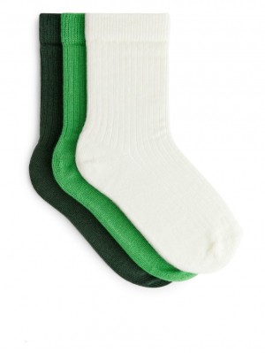 Sosete Arket Rib Knit, 3 Pairs Fete Albi Verzi | Romania-DPRT59102