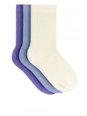 Sosete Arket Rib Knit, 3 Pairs Fete Albi Violet | Romania-WDQR87693