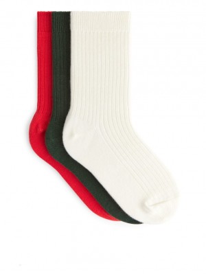 Sosete Arket Rib Knit, 3 Pairs Fete Albi Rosii Verzi | Romania-HIKN34509
