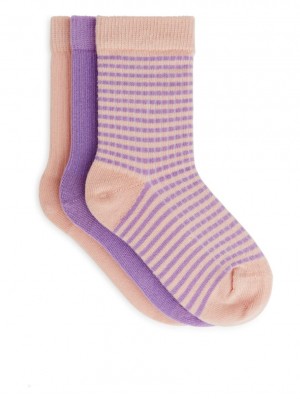 Sosete Arket Rib Knit, 3 Pairs Fete Corai Violet | Romania-HNEX35068