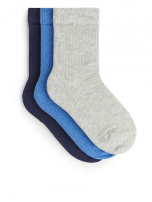 Sosete Arket Rib Knit, 3 Pairs Fete Gri Albastri Bleumarin | Romania-CNPF67283