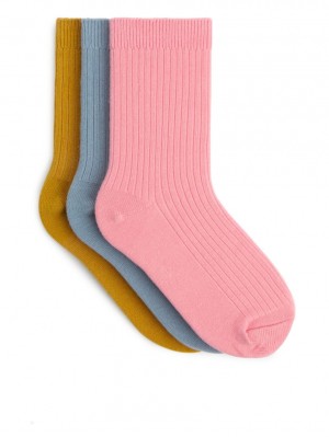 Sosete Arket Rib Knit, 3 Pairs Fete Roz Muștar Albastri | Romania-UETA86510