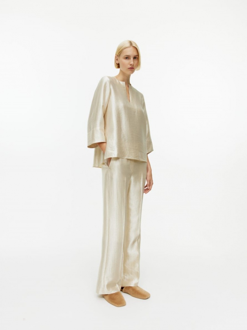 Bluza Arket Crinkle Split-Neck Dama Bej | Romania-BAJT60512