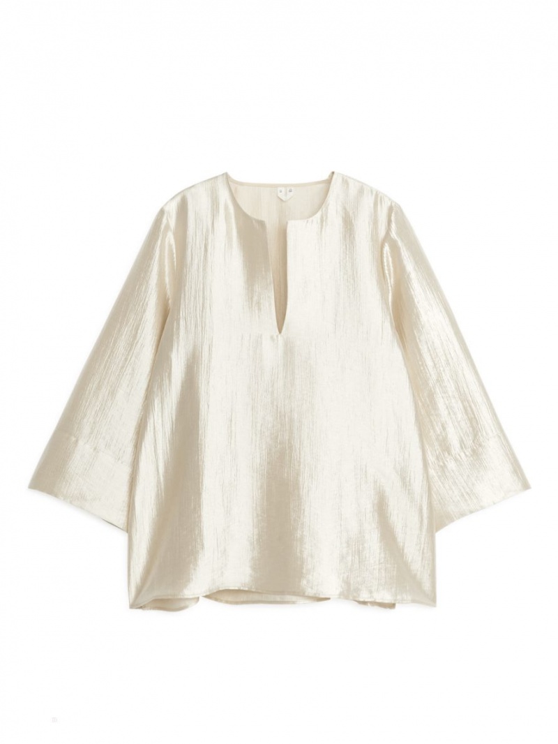 Bluza Arket Crinkle Split-Neck Dama Bej | Romania-BAJT60512