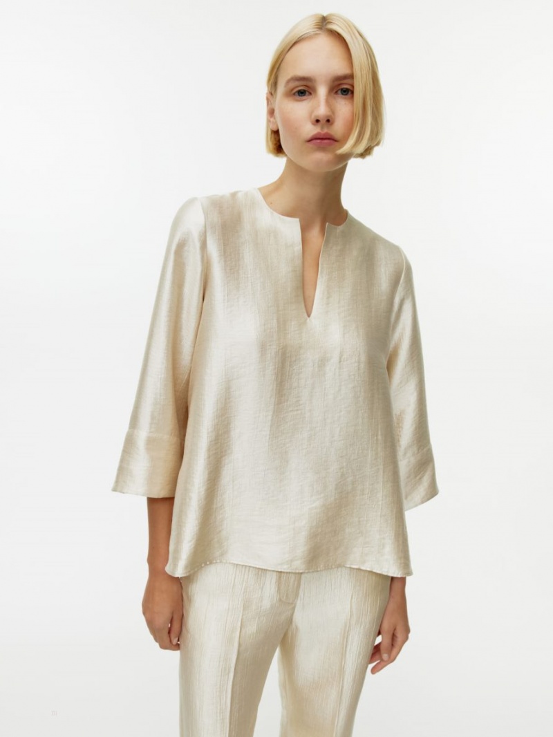 Bluza Arket Crinkle Split-Neck Dama Bej | Romania-BAJT60512
