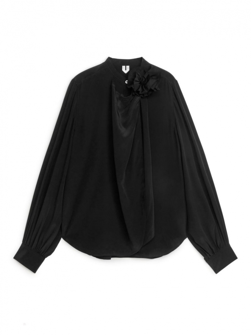 Bluza Arket Flower Trimmed Silk Dama Negrii | Romania-MBXQ52148