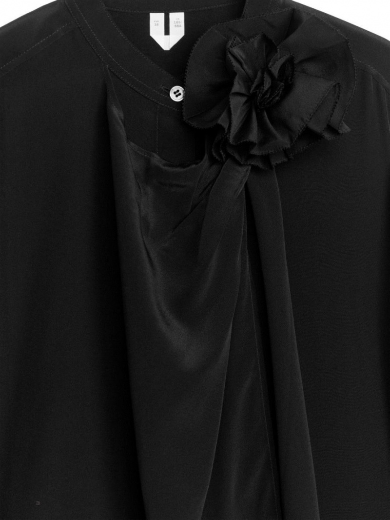 Bluza Arket Flower Trimmed Silk Dama Negrii | Romania-MBXQ52148