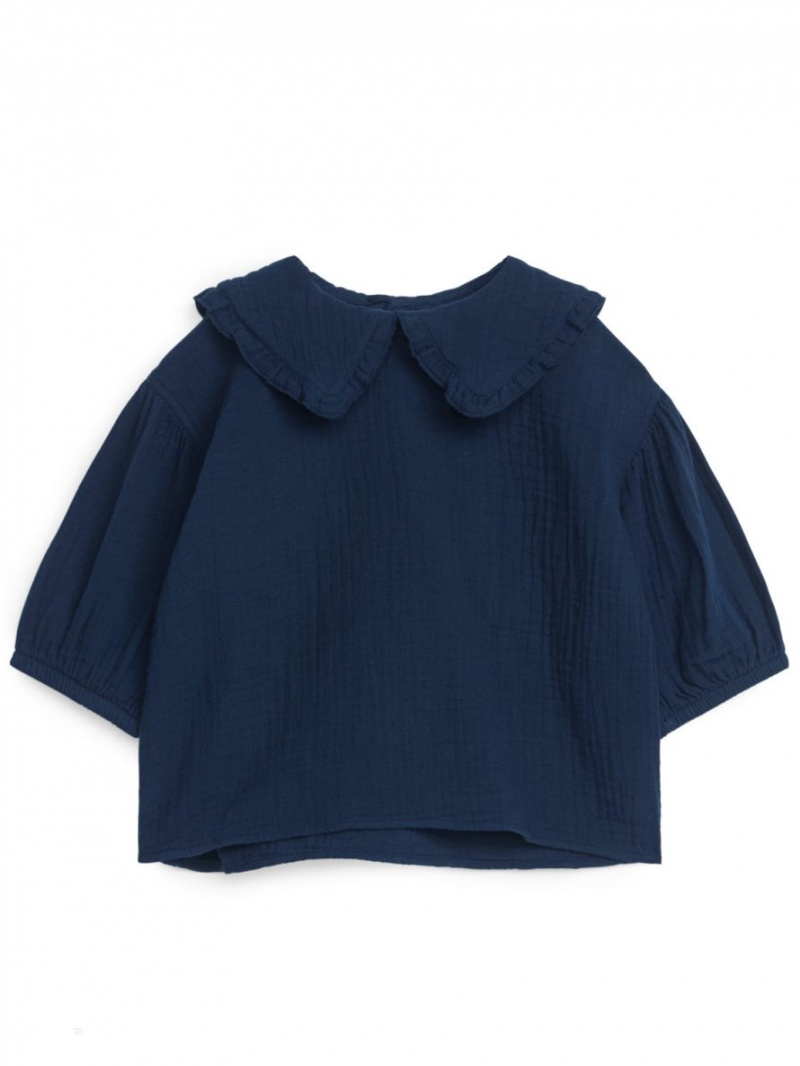 Bluza Arket Frill-Collar Cheesecloth Fete Albastri Inchis | Romania-VIKS54130