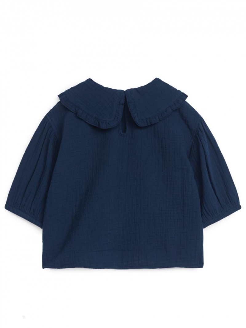 Bluza Arket Frill-Collar Cheesecloth Fete Albastri Inchis | Romania-VIKS54130