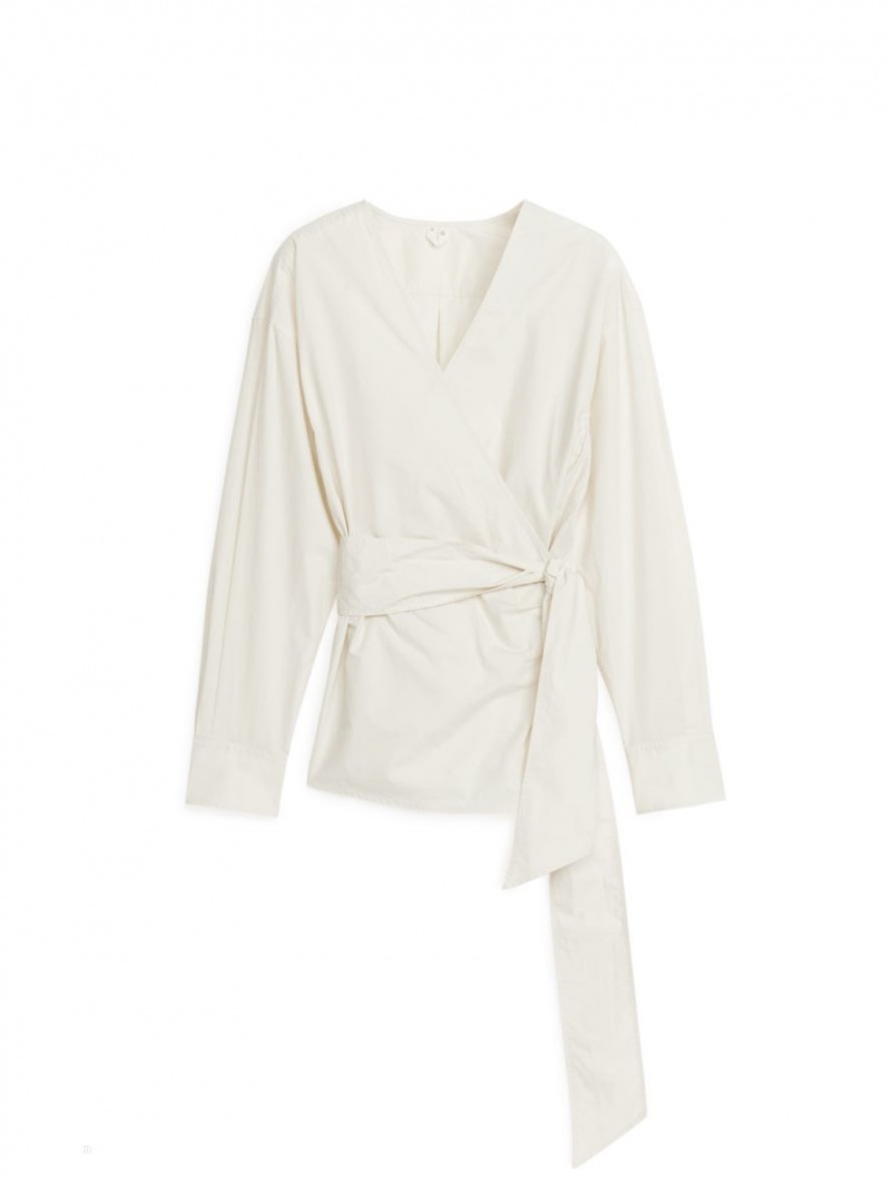 Bluza Arket Wrap Bumbac Dama Albi | Romania-FPIC59482