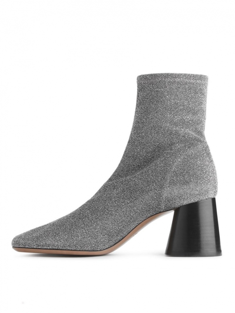 Botine Arket Toc Stretch Dama Argintii | Romania-FGHL41758