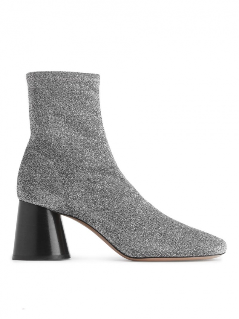 Botine Arket Toc Stretch Dama Argintii | Romania-FGHL41758