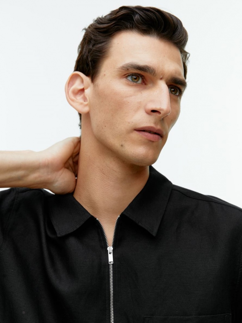 Camasa Arket Half-Zip Scurte-Sleeved Barbati Negrii | Romania-FVHL97453