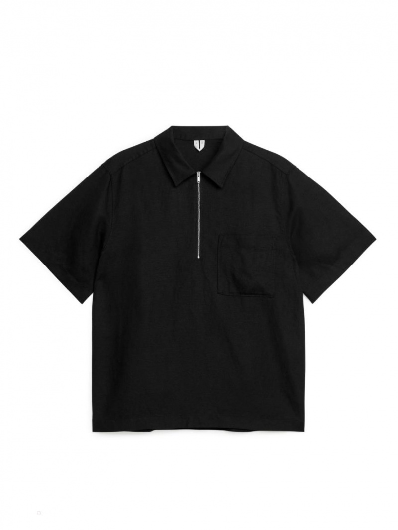 Camasa Arket Half-Zip Scurte-Sleeved Barbati Negrii | Romania-FVHL97453