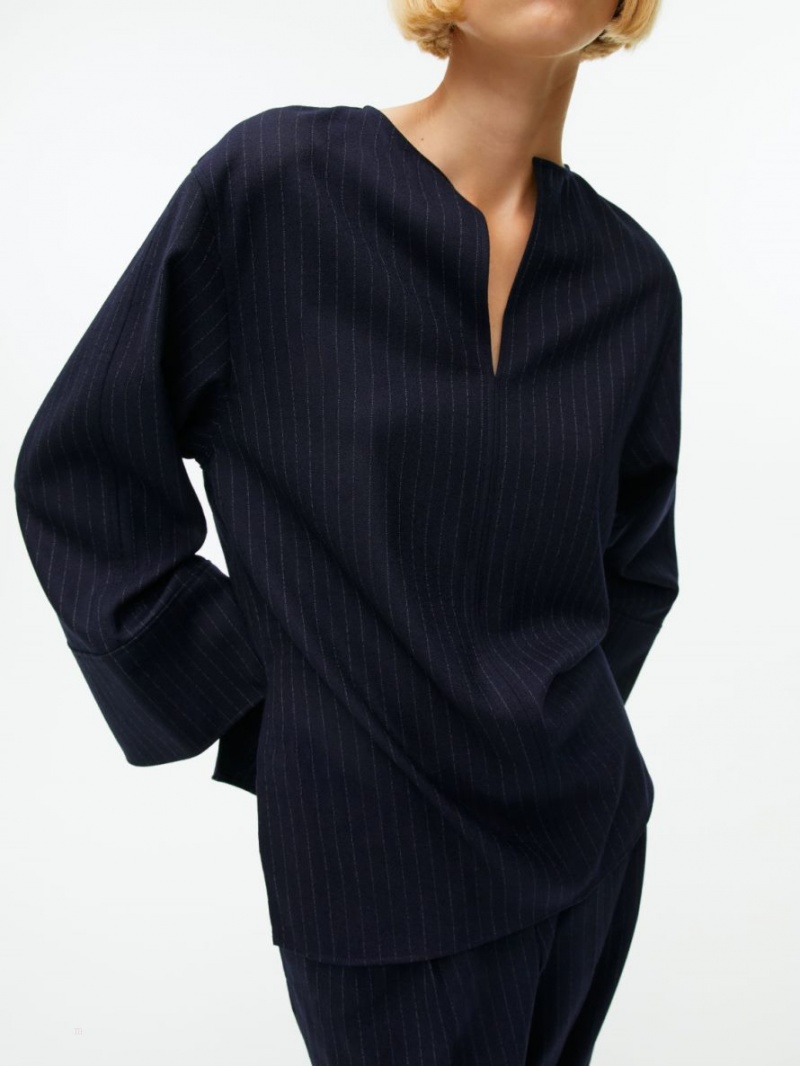Camasa Arket Pinstriped Lână Blend Dama Albastri Inchis | Romania-DKSX41732