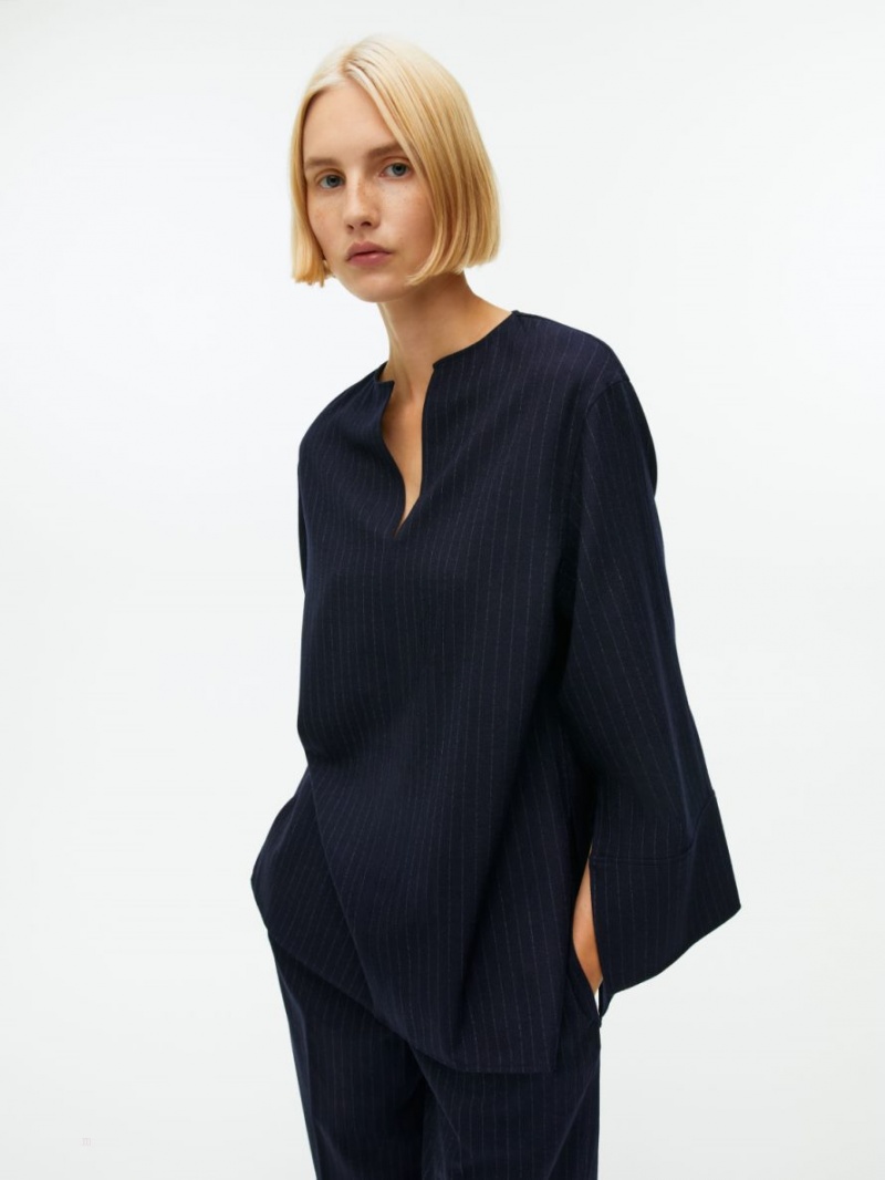 Camasa Arket Pinstriped Lână Blend Dama Albastri Inchis | Romania-DKSX41732