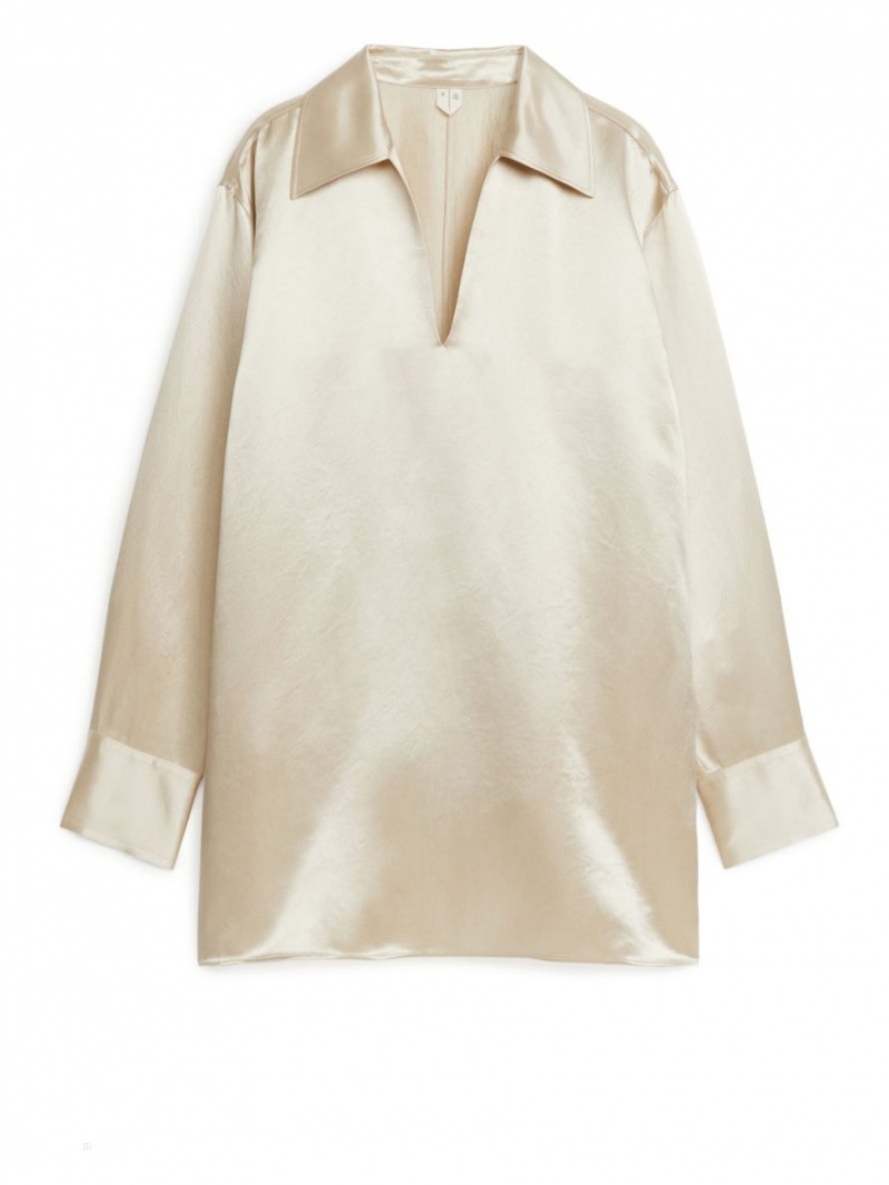 Camasa Arket Relaxed Satin Tunic Dama Bej | Romania-JMZN96273