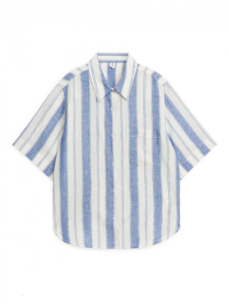 Camasa Arket Scurte-Sleeved Linen Dama Albastri Albi | Romania-AQDM78293