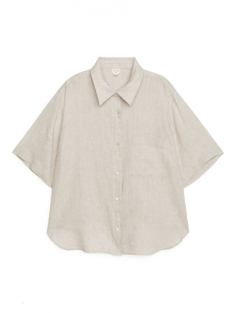 Camasa Arket Scurte-Sleeved Linen Dama Bej | Romania-NBVH68237