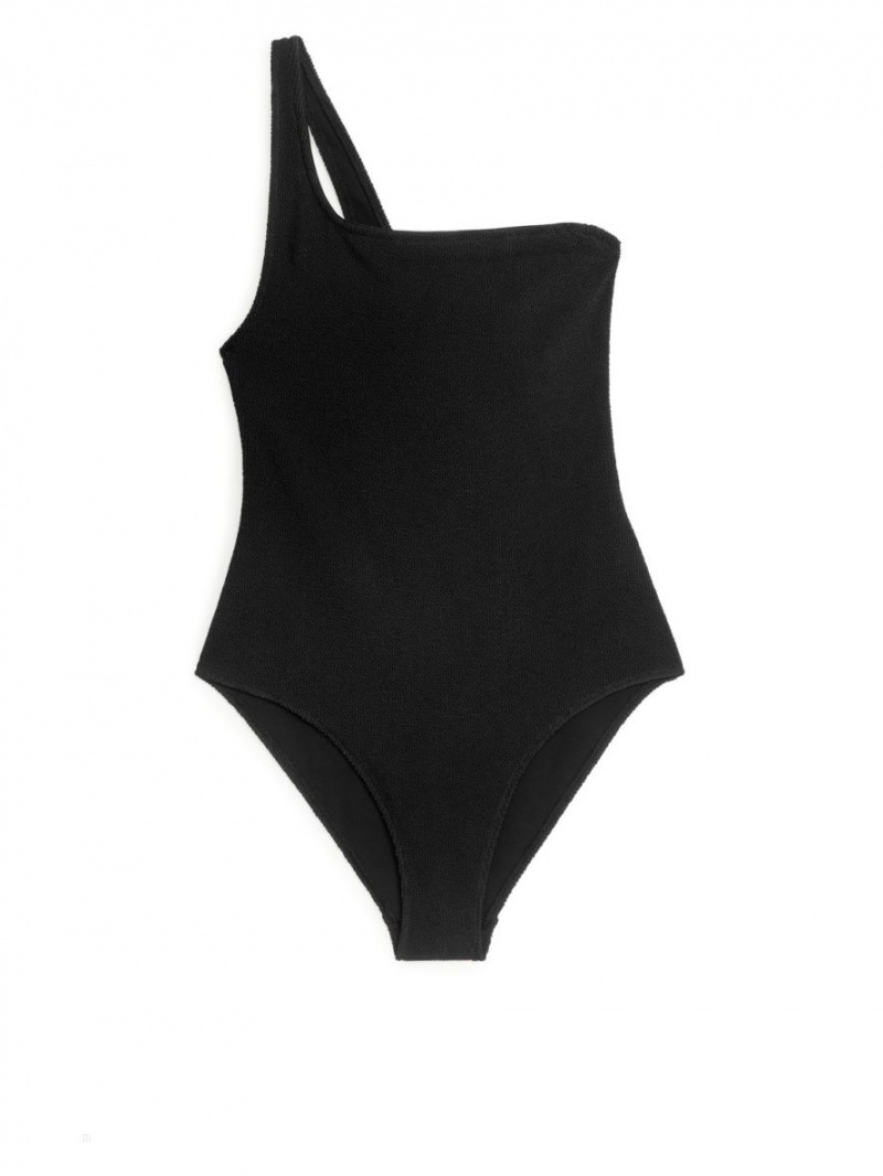 Costum de Baie Arket Crinkle One-Shoulder Dama Negrii | Romania-USLD46973