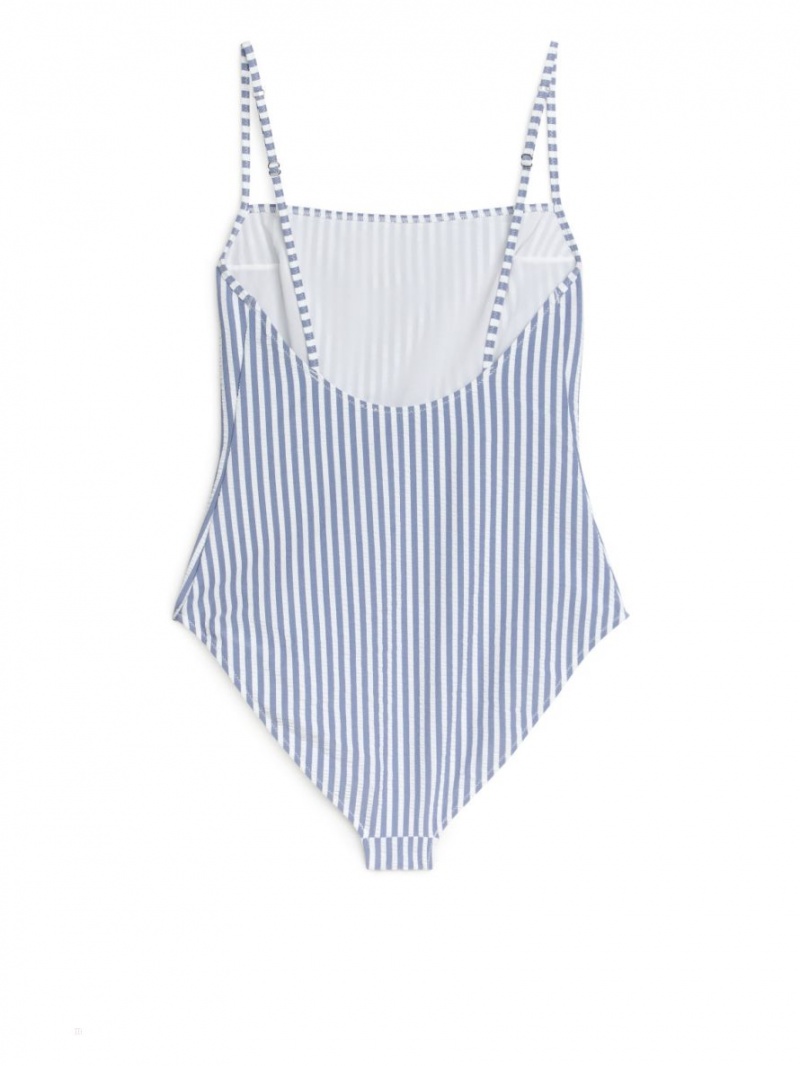 Costum de Baie Arket Seersucker Dama Albastri Albi | Romania-VCBO60978