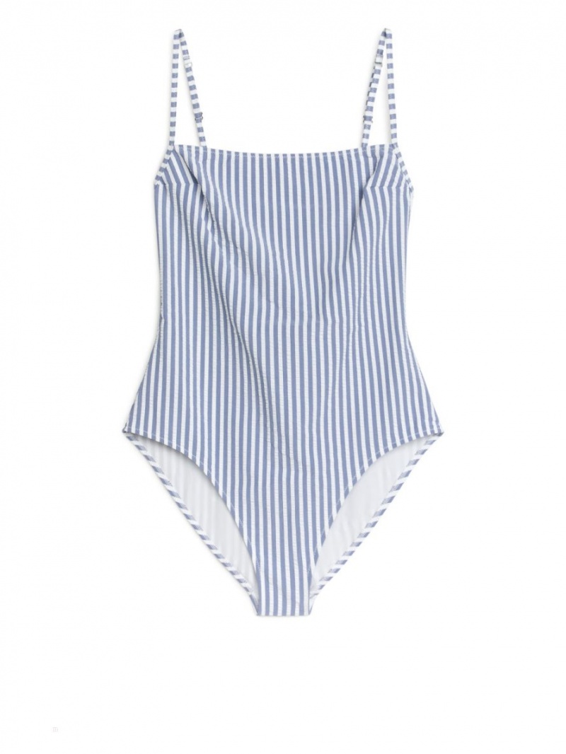 Costum de Baie Arket Seersucker Dama Albastri Albi | Romania-VCBO60978