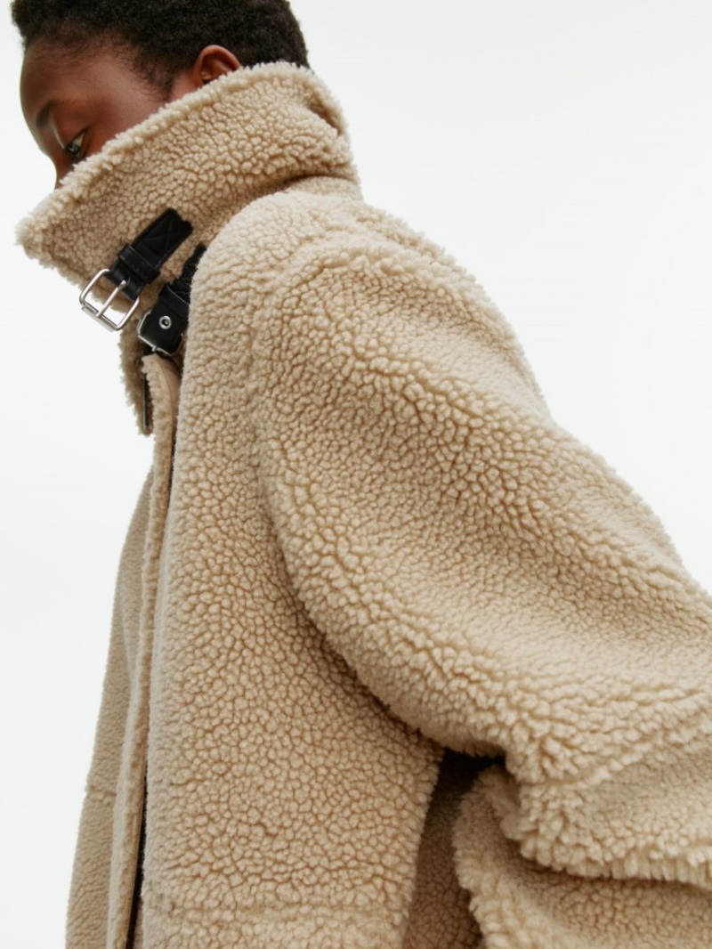 Geaca Arket Oversized Piele-Trimmed Pile Dama Bej Inchis | Romania-MWPJ36980