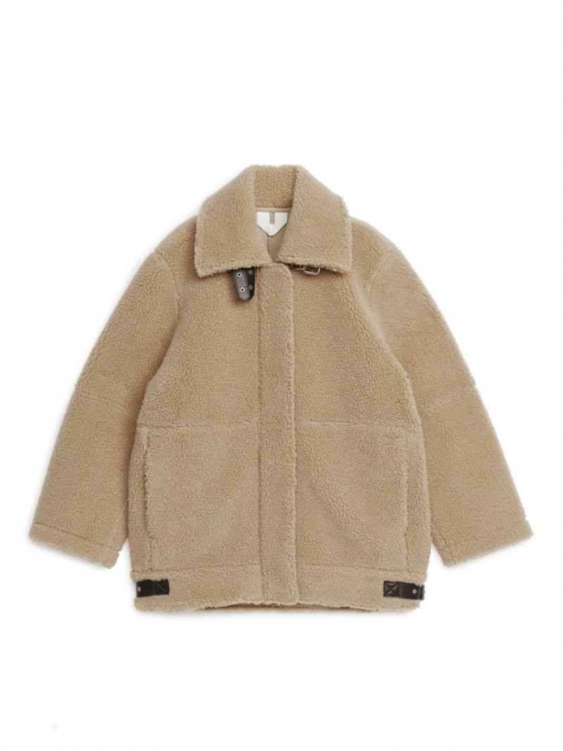 Geaca Arket Oversized Piele-Trimmed Pile Dama Bej Inchis | Romania-MWPJ36980