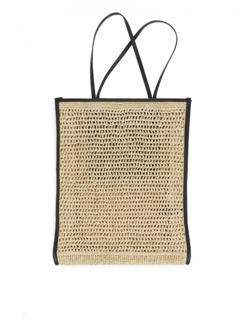 Geanta Tote Arket Piele-Detailed Straw Dama Bej Negrii | Romania-IEXO10396