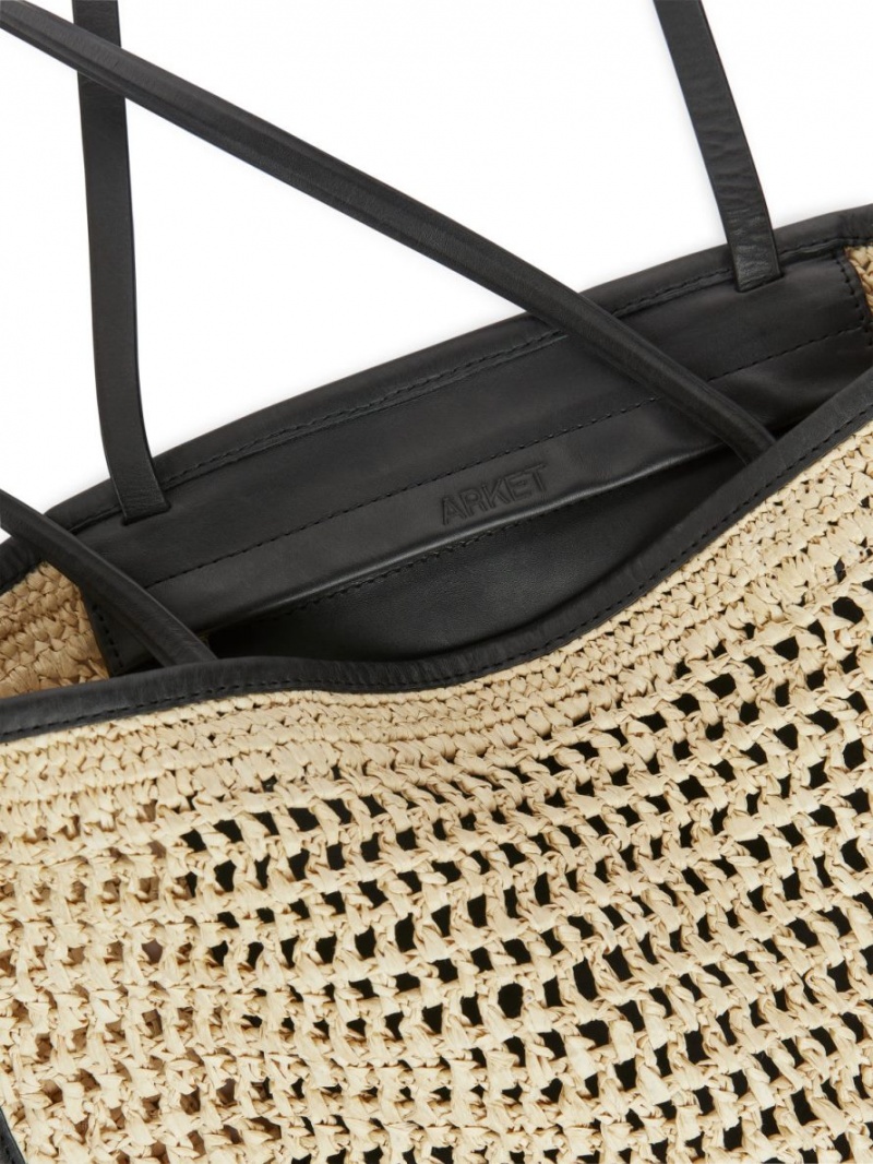 Geanta Tote Arket Piele-Detailed Straw Dama Bej Negrii | Romania-IEXO10396