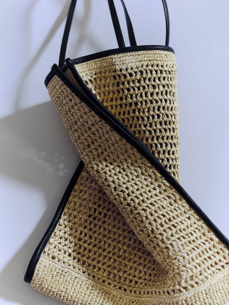 Geanta Tote Arket Piele-Detailed Straw Dama Bej Negrii | Romania-IEXO10396