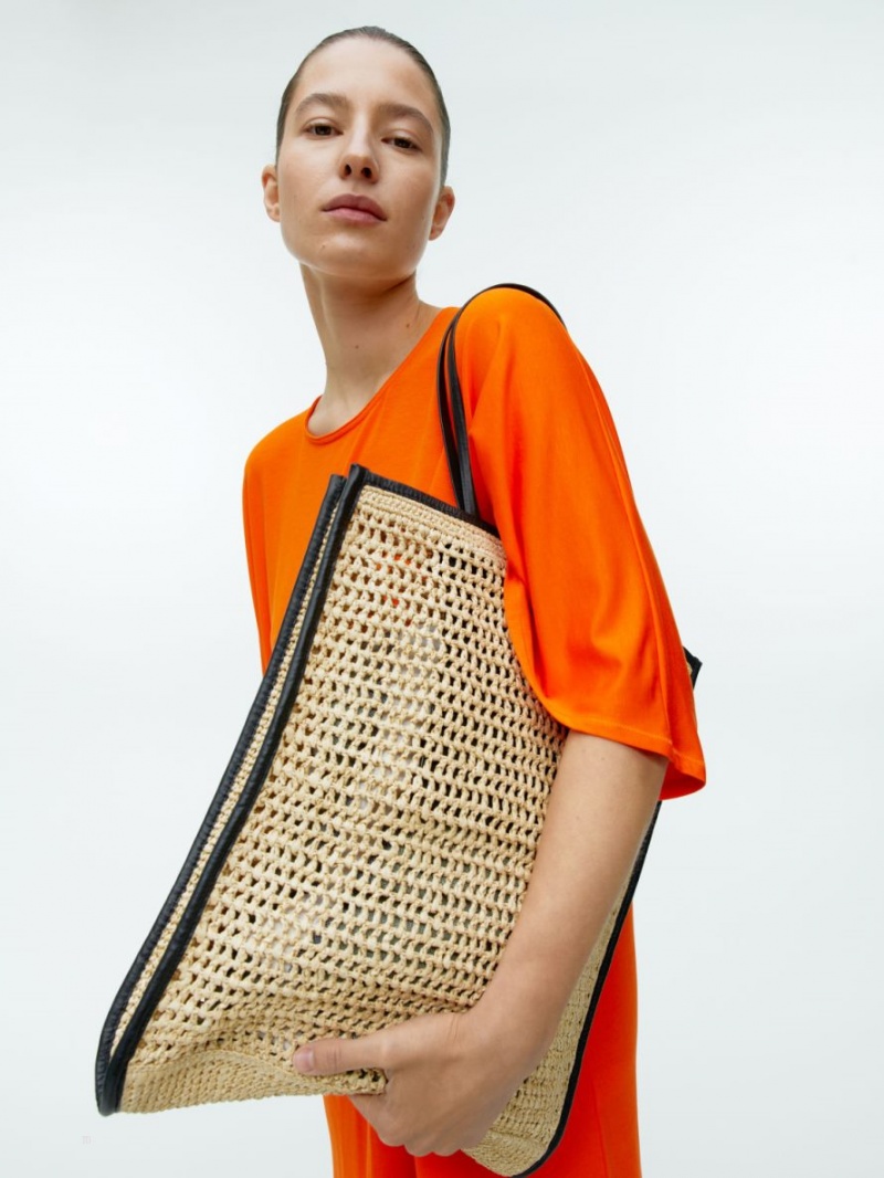 Geanta Tote Arket Piele-Detailed Straw Dama Bej Negrii | Romania-IEXO10396