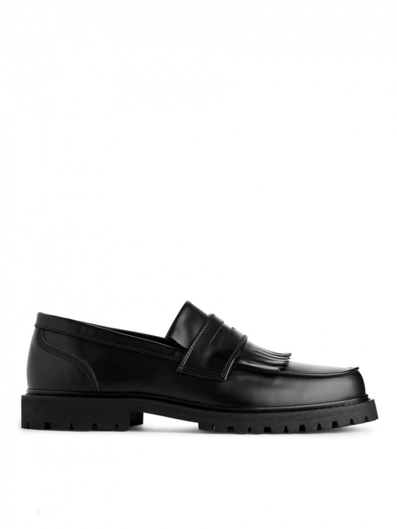 Mocasini Arket Fringe Piele Barbati Negrii | Romania-NVOB70528