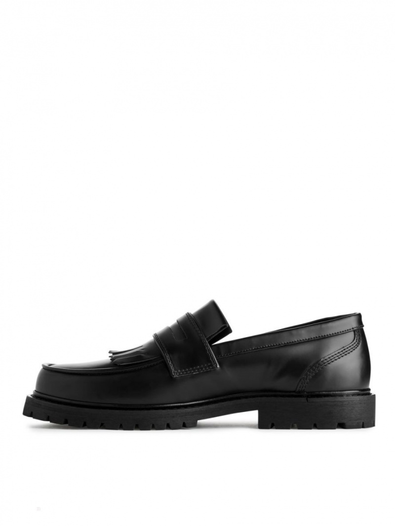 Mocasini Arket Fringe Piele Barbati Negrii | Romania-NVOB70528