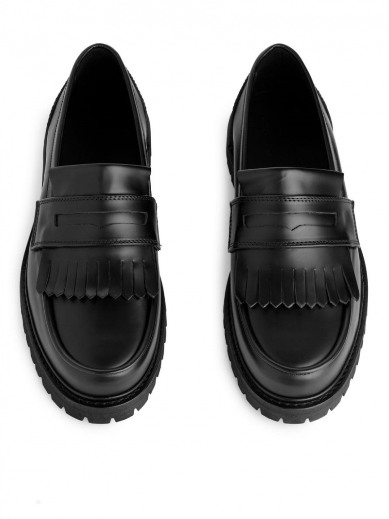 Mocasini Arket Fringe Piele Barbati Negrii | Romania-NVOB70528