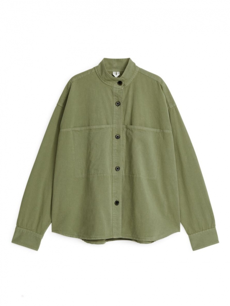 Overshirt Arket Bumbac-Linen Dama Kaki Verzi | Romania-ZQMT24905