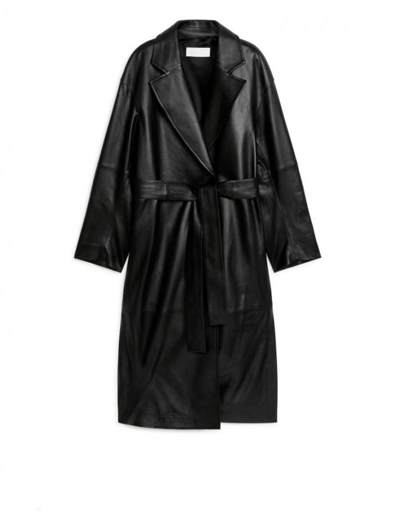 Palton Arket Belted Piele Dama Negrii | Romania-TKYW47851