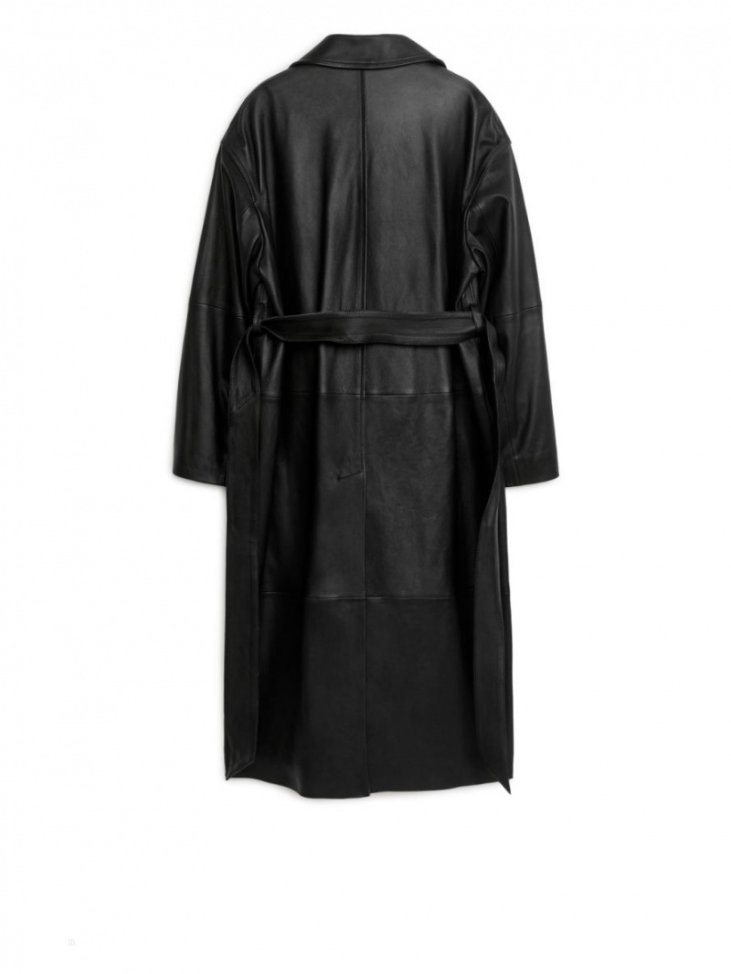 Palton Arket Belted Piele Dama Negrii | Romania-TKYW47851
